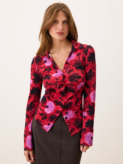MAELA red Flamenco Carnation floral print jersey shirt, front view by Rouje