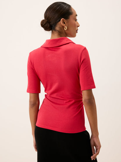 MAELA red slim-fit jersey top worn on a model by Rouje