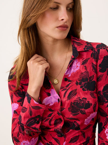 MAELA red floral print shirt worn on a model by Rouje