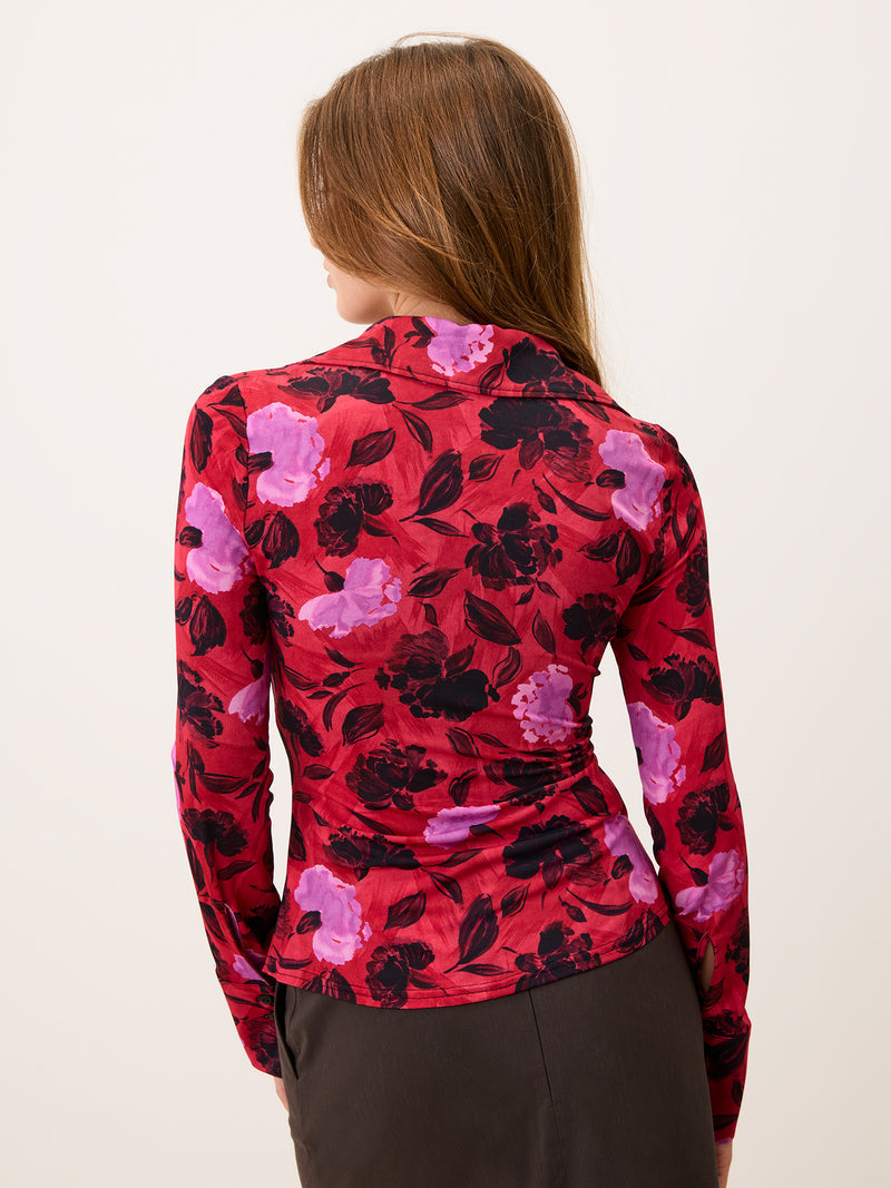 MAELA red Flamenco Carnation floral shirt, back view by Rouje
