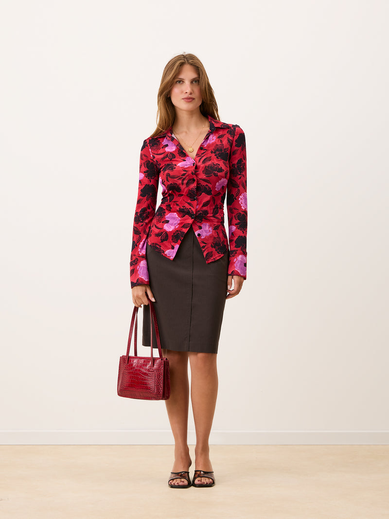 MAELA red Flamenco Carnation floral print jersey shirt, side view by Rouje