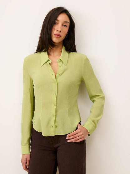 PALMYRA pistachio green crinkle-mousseline fitted shirt, front view by Rouje