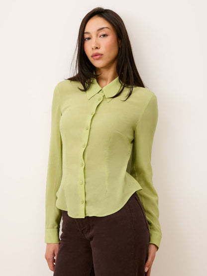 PALMYRA pistachio green crinkle mousseline shirt, back view by Rouje