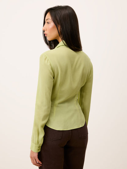 PALMYRA pistachio green shirt, detail of pearl buttons by Rouje
