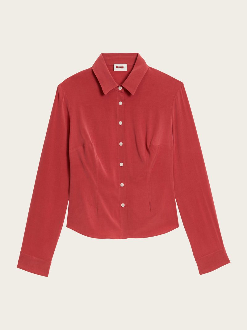 PALMYRA carmine red flowing cinched-waist shirt, flat packshot by Rouje