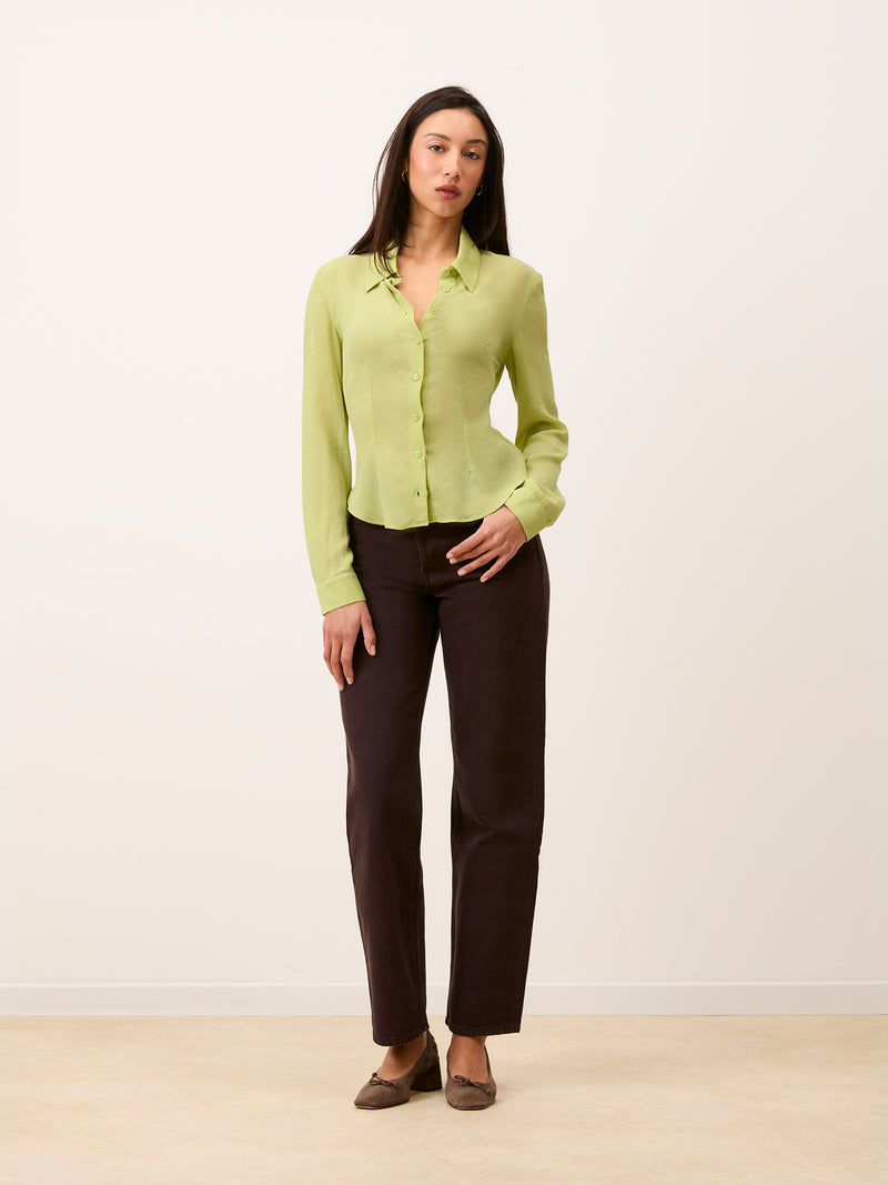 PALMYRA pistachio green crinkle mousseline shirt, side view by Rouje
