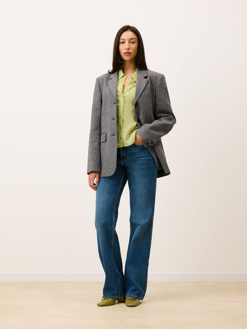 PALMYRA pistachio green crinkle mousseline shirt, lifestyle setting by Rouje