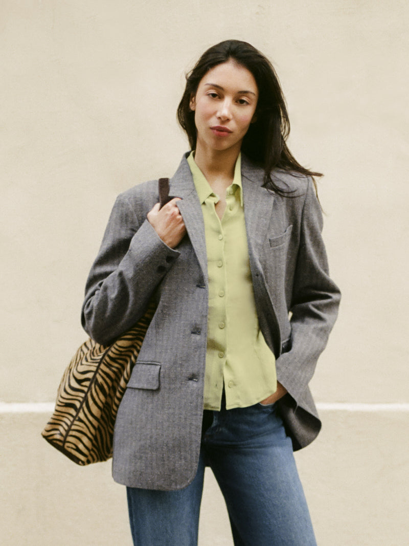 PALMYRA pistachio green crinkle mousseline fitted shirt, flat packshot by Rouje