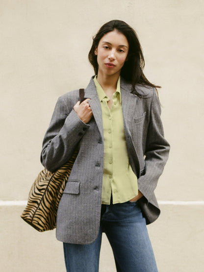 PALMYRA pistachio green crinkle mousseline fitted shirt, flat packshot by Rouje