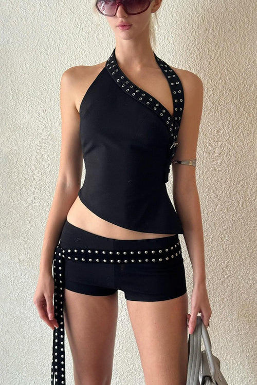 Chic Asymmetric Shoulder Slim Shorts Two Piece Set