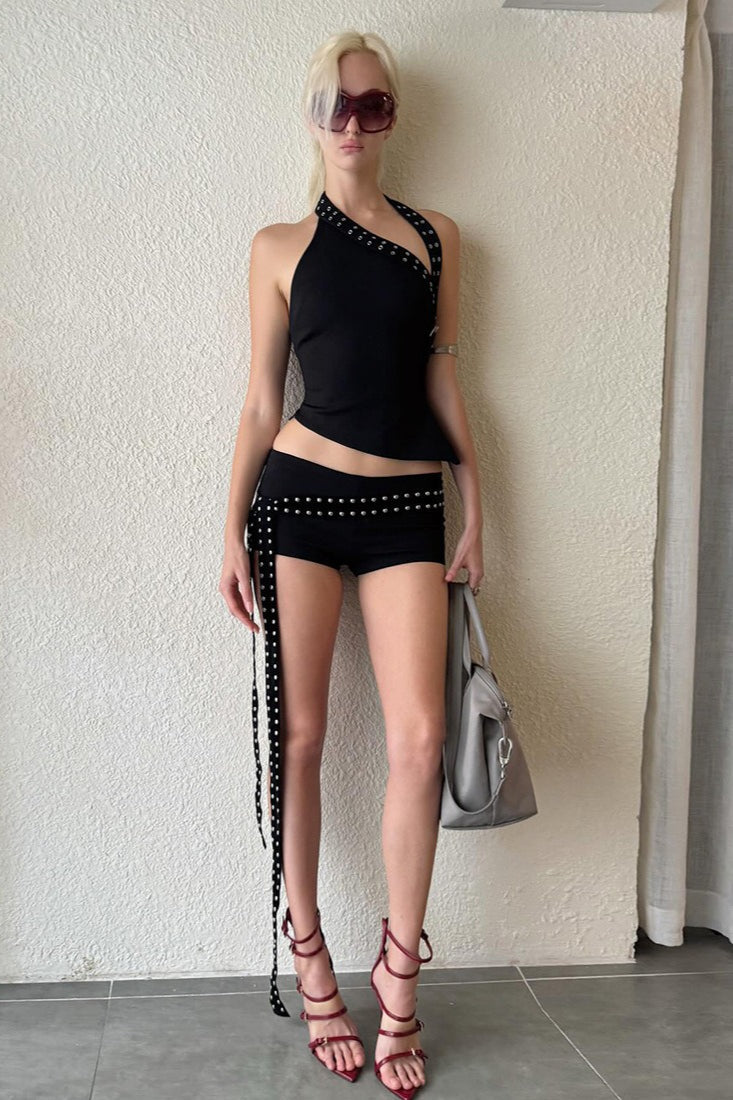 Chic Asymmetric Shoulder Slim Shorts Two Piece Set