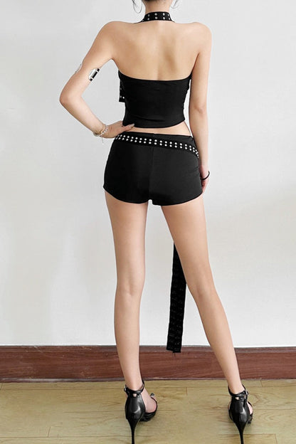 Chic Asymmetric Shoulder Slim Shorts Two Piece Set