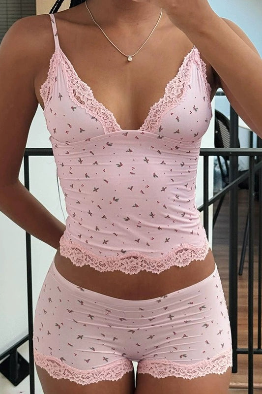 Chic Casual Floral Lace Sexy Cami Two Piece Set
