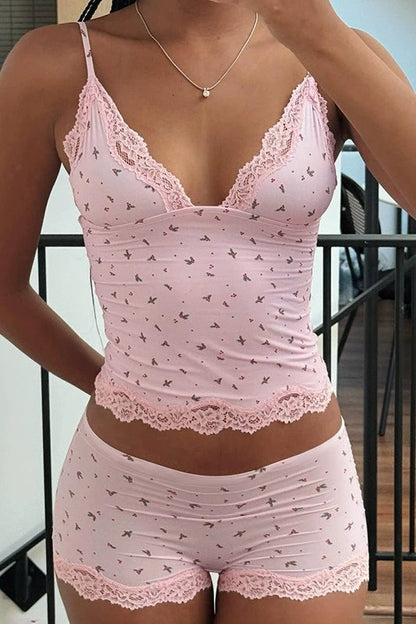 Chic Casual Floral Lace Sexy Cami Two Piece Set