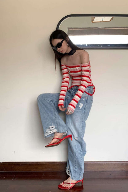 Chic Distressed Curved Wide Leg Vintage Washed Jeans