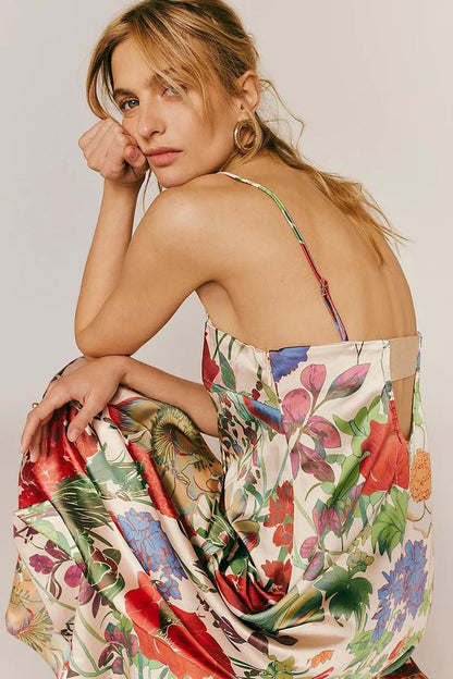 Chic Floral Print High-Waist A-Line Maxi Dress