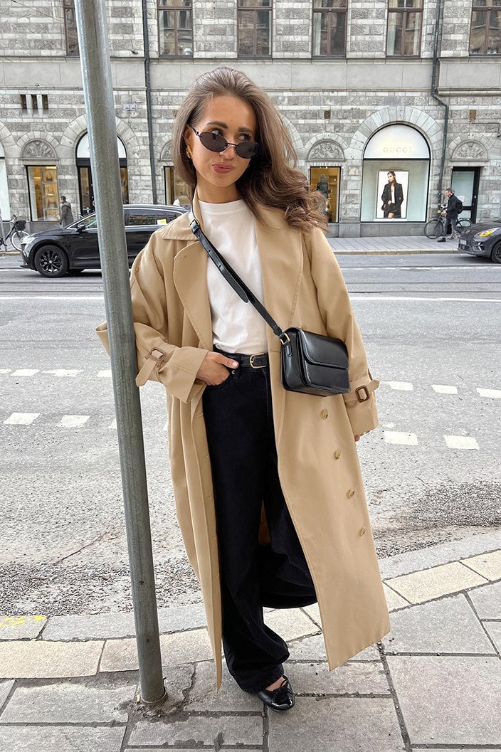 Chic Khaki Longline Double Breasted Overcoat