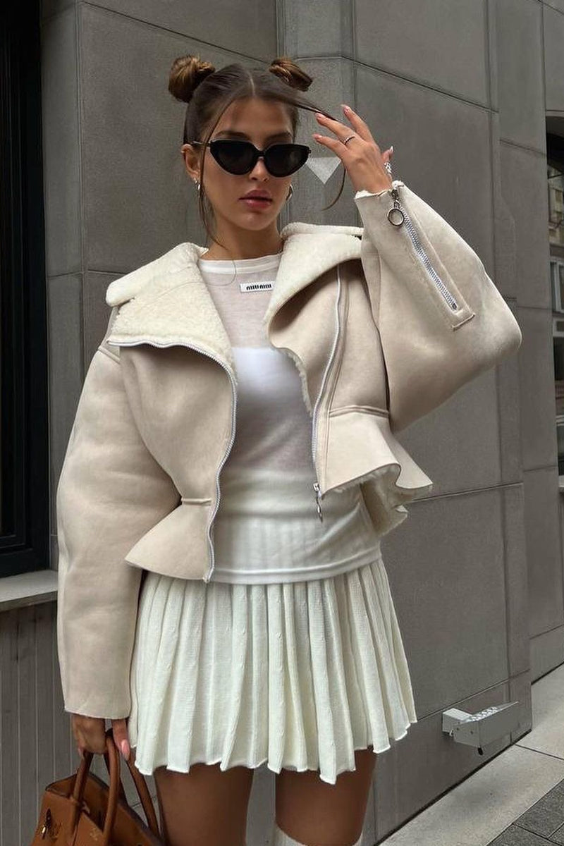 Chic Odd Zip Leather Fur Pieced Coat