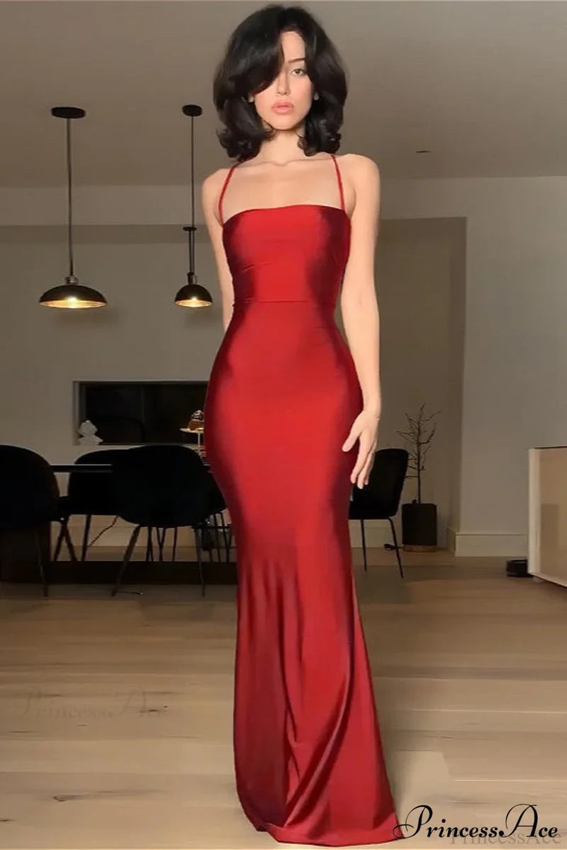 Chic Solid Cami Tube Slim Backless Maxi Dress Red / S
