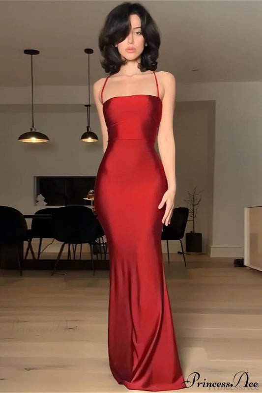 Chic Solid Cami Tube Slim Backless Maxi Dress Red / S
