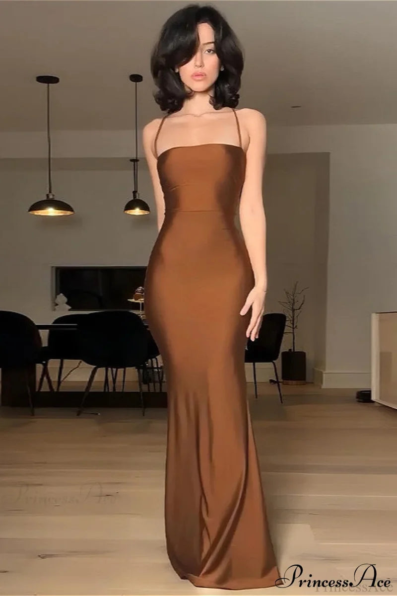 Chic Solid Cami Tube Slim Backless Maxi Dress Brown / S
