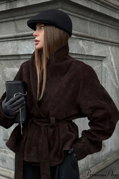 Chic Suede Long Sleeve Jacket Coat Brown / S