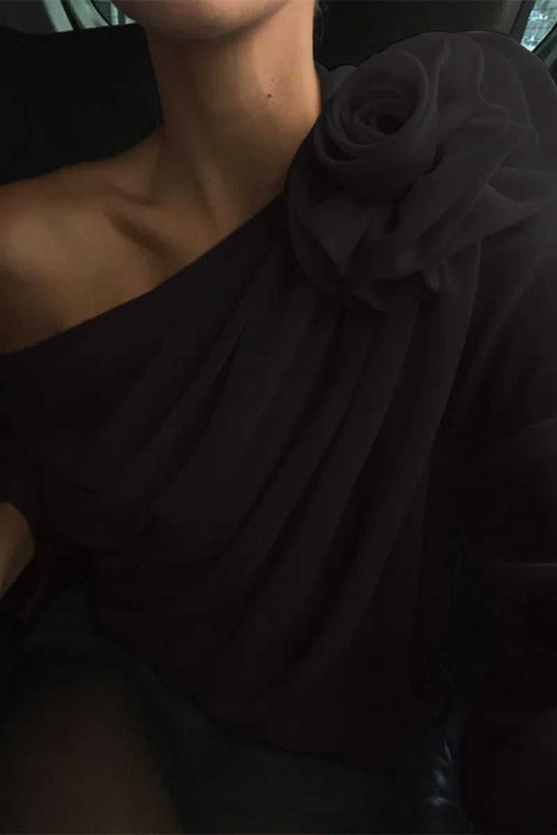 Chiffon Floral Off-the-Shoulder Fitted Blouse