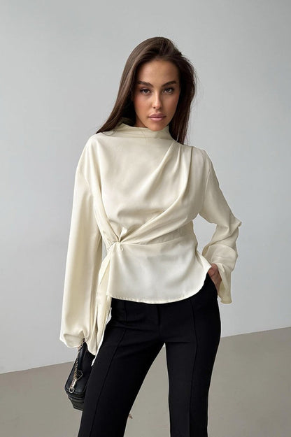 Chiffon Tie Waist Stand Collar Long Sleeve Tee