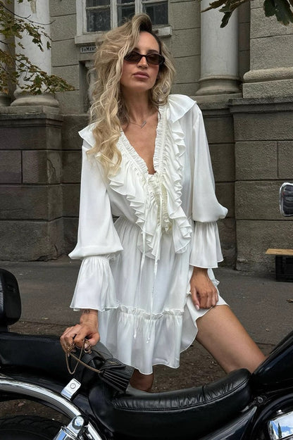 Chiffon V Neck Flared Sleeve Mini Dress
