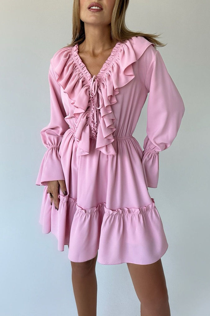 Chiffon V Neck Flared Sleeve Mini Dress