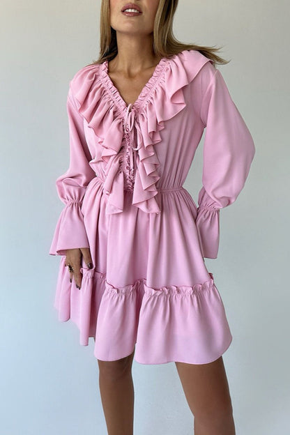 Chiffon V Neck Flared Sleeve Mini Dress