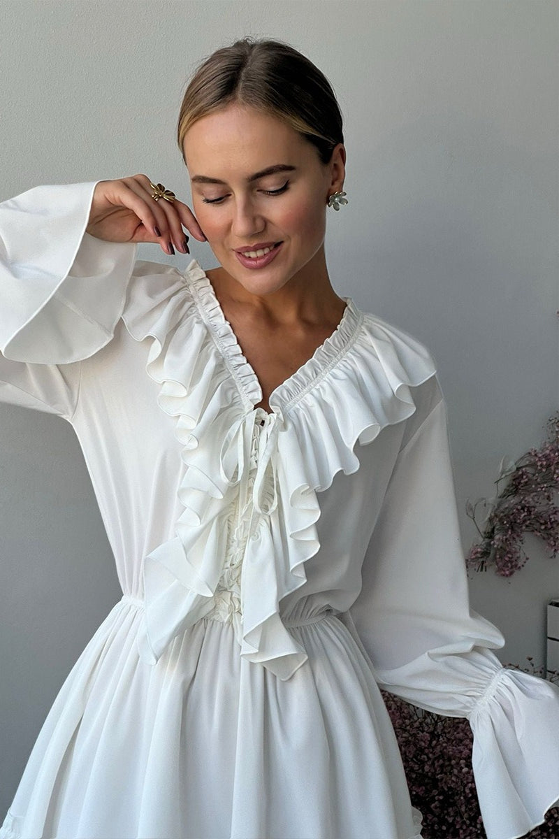 Chiffon V Neck Flared Sleeve Mini Dress