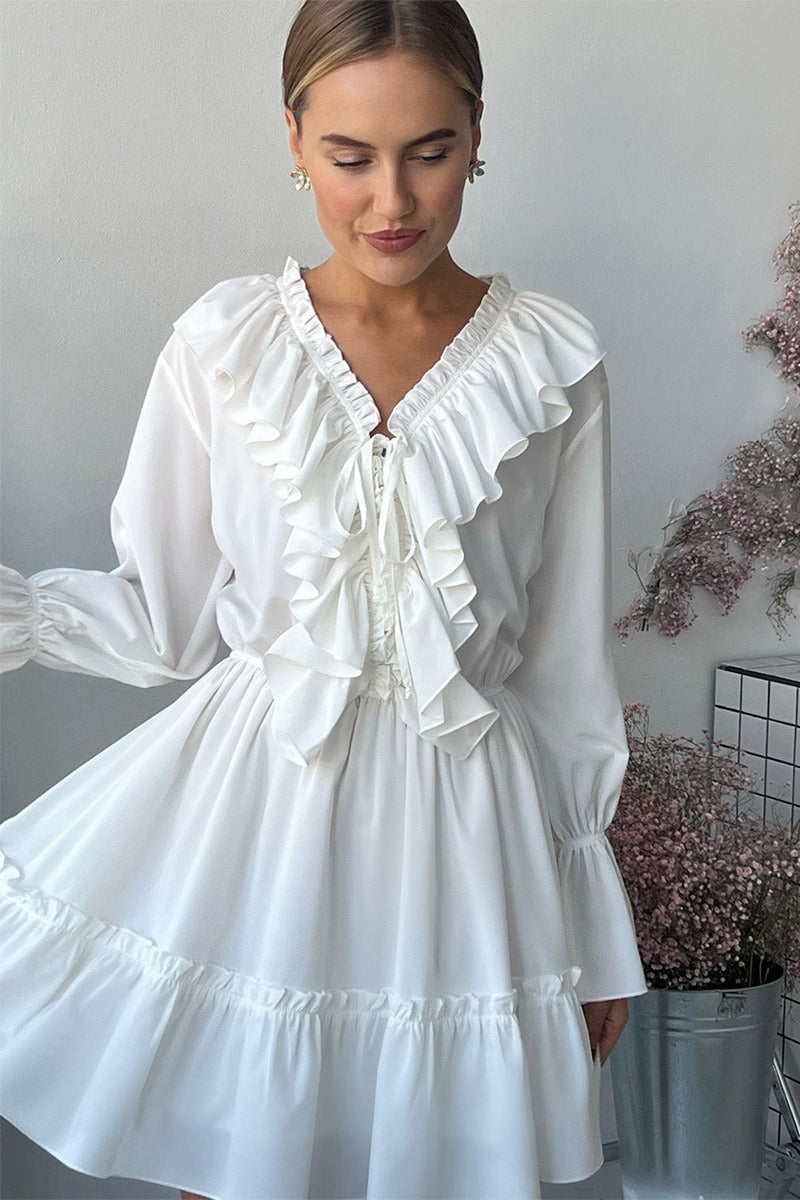 Chiffon V Neck Flared Sleeve Mini Dress