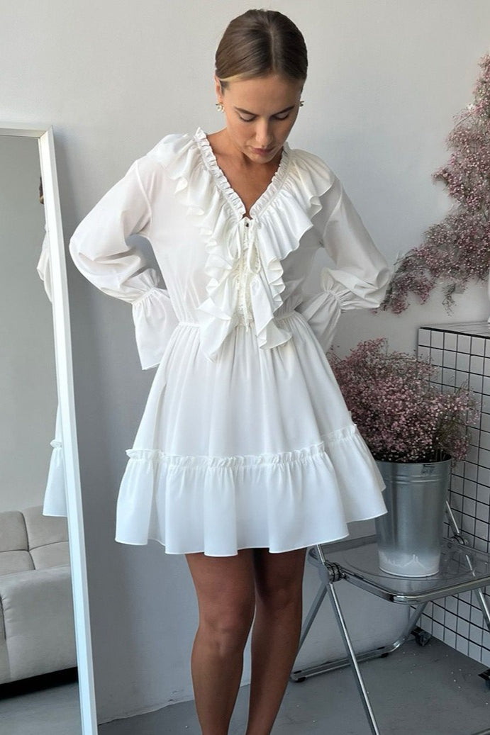 Chiffon V Neck Flared Sleeve Mini Dress