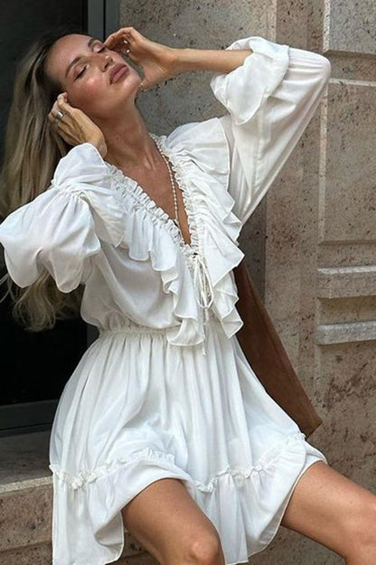 Chiffon V Neck Flared Sleeve Mini Dress