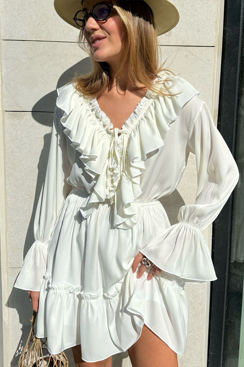 Chiffon V Neck Flared Sleeve Mini Dress