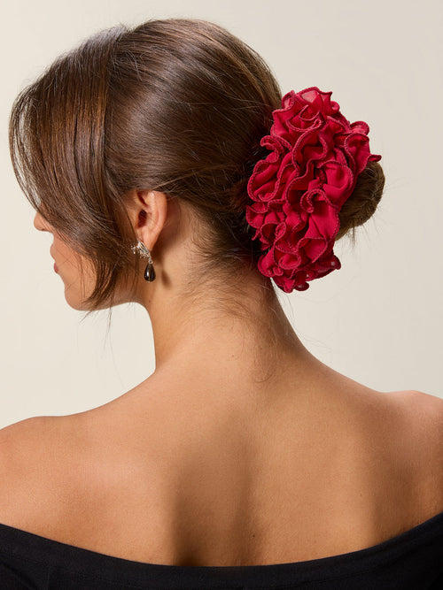 MAFALDA burgundy frilly giant scrunchie, front view by Rouje