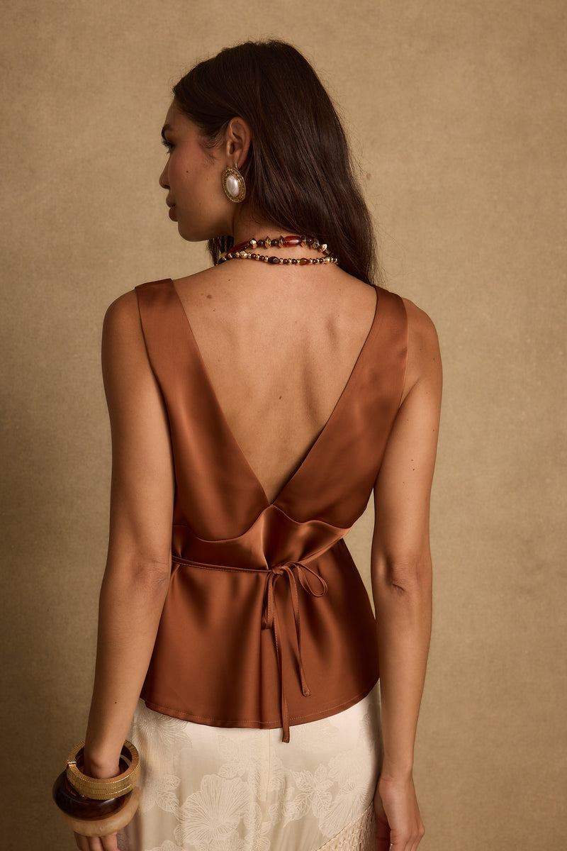 Clarah Terracotta Satin Tank paired with complementary accessories for a polished look.