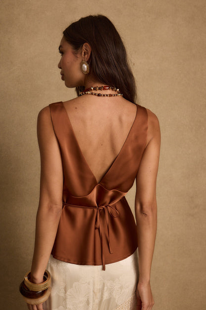Clarah Terracotta Satin Tank paired with complementary accessories for a polished look.