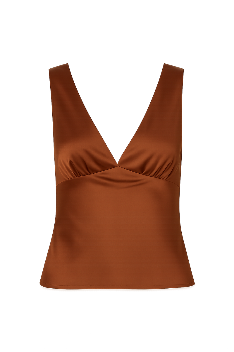 Detail shot of the Clarah Terracotta Satin Tank highlighting the satin elements.