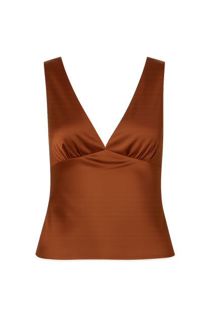 Detail shot of the Clarah Terracotta Satin Tank highlighting the satin elements.