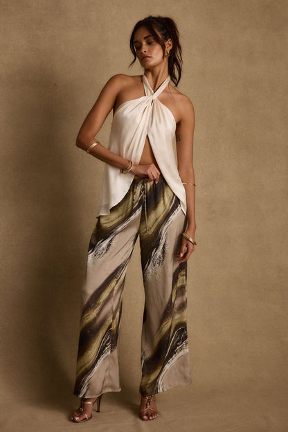 Clear Breeze Marble Satin Pants styled in a complete look from an alternate angle.