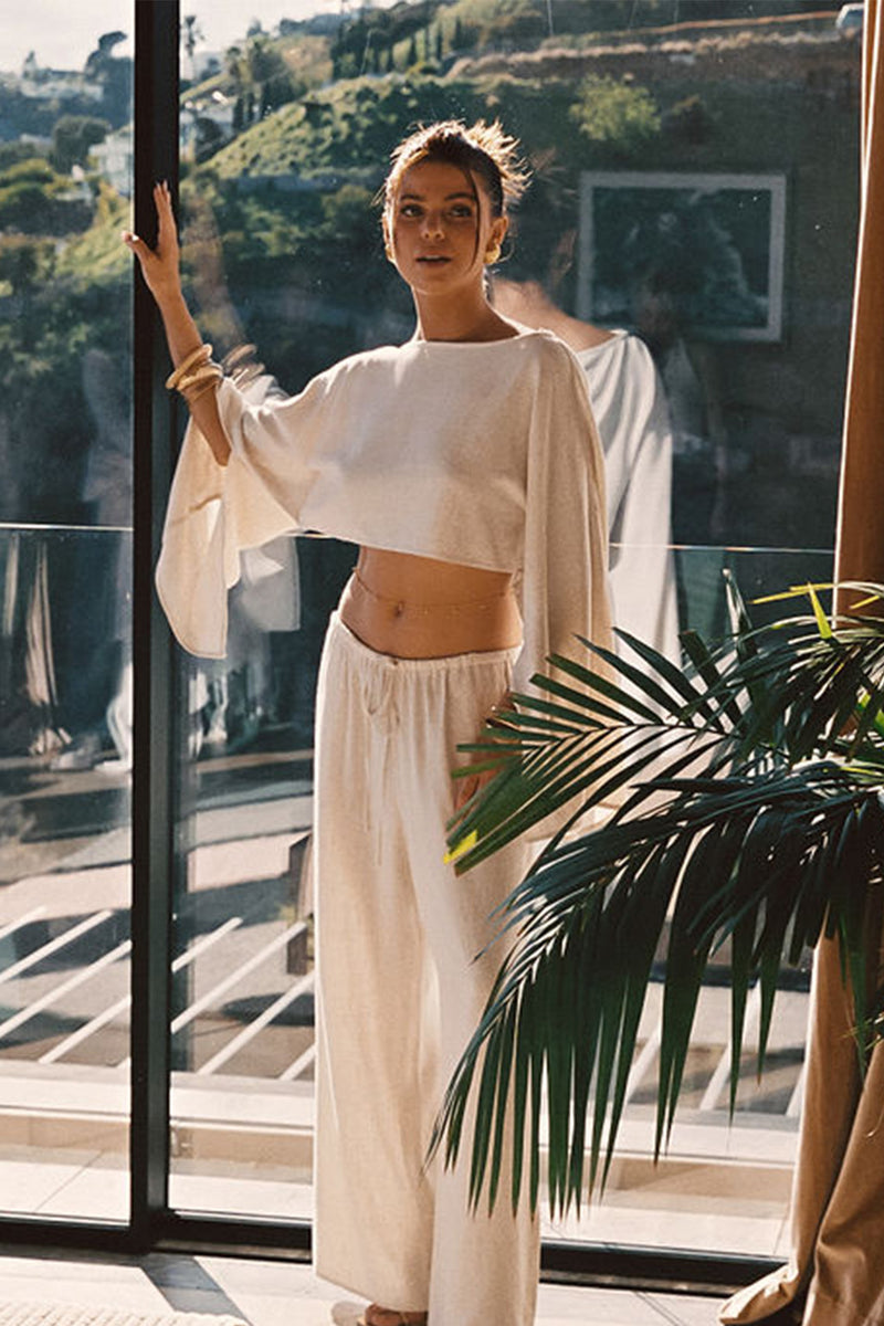 Clear Breeze Natural Linen Pants styled in a complete look from an alternate angle.