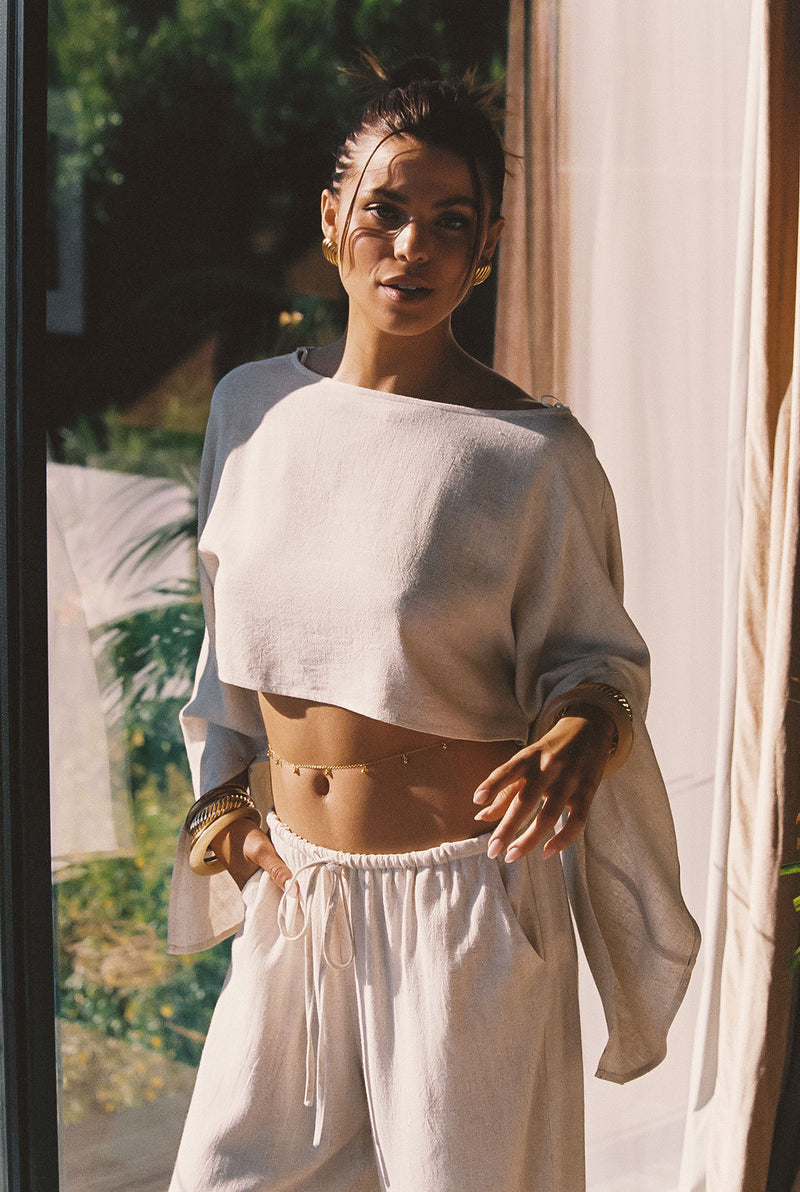 Detail shot of the Clear Breeze Natural Linen Top highlighting the linen elements.