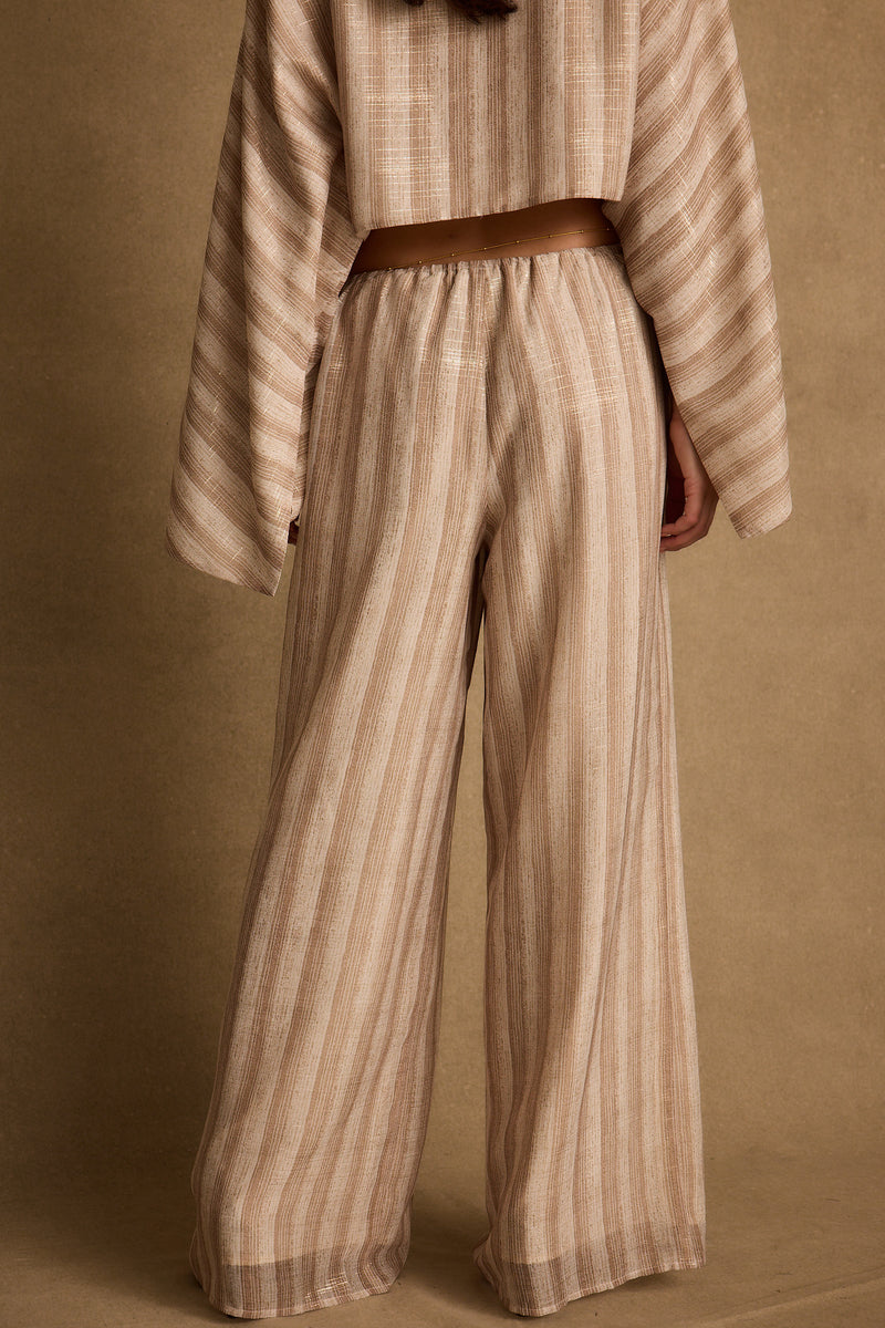 Close-up of the Clear Breeze Striped Chiffon Pants showcasing the chiffon texture and craftsmanship.