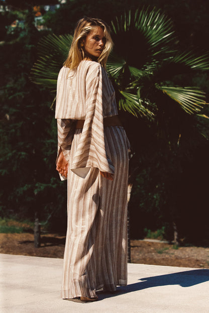 Clear Breeze Striped Chiffon Pants styled in a complete look from an alternate angle.