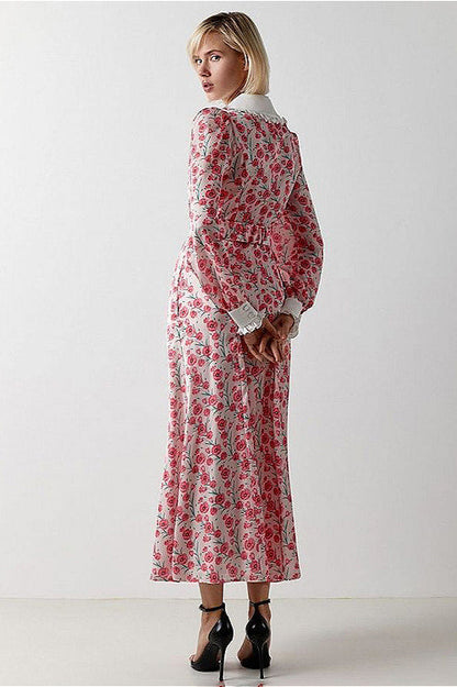 Collar Waist Cinched Stylish Floral Dress