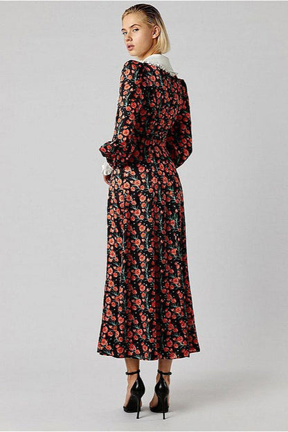 Collar Waist Cinched Stylish Floral Dress