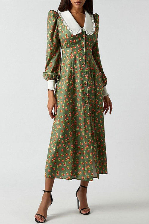 Collar Waist Cinched Stylish Floral Dress