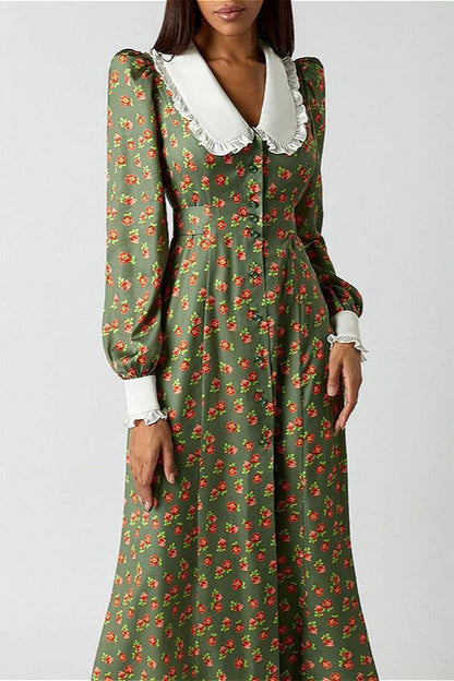 Collar Waist Cinched Stylish Floral Dress